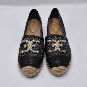 Sam Edelman Womens Espadrille Flats Size 9 Black Raffia Mesh Logo Slip On Shoes